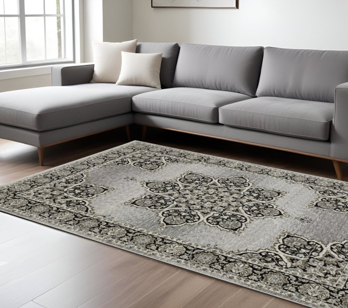 576463 10 x 13 ft. Medallion Rectangle Area Rug with Fringe, Gray & Black