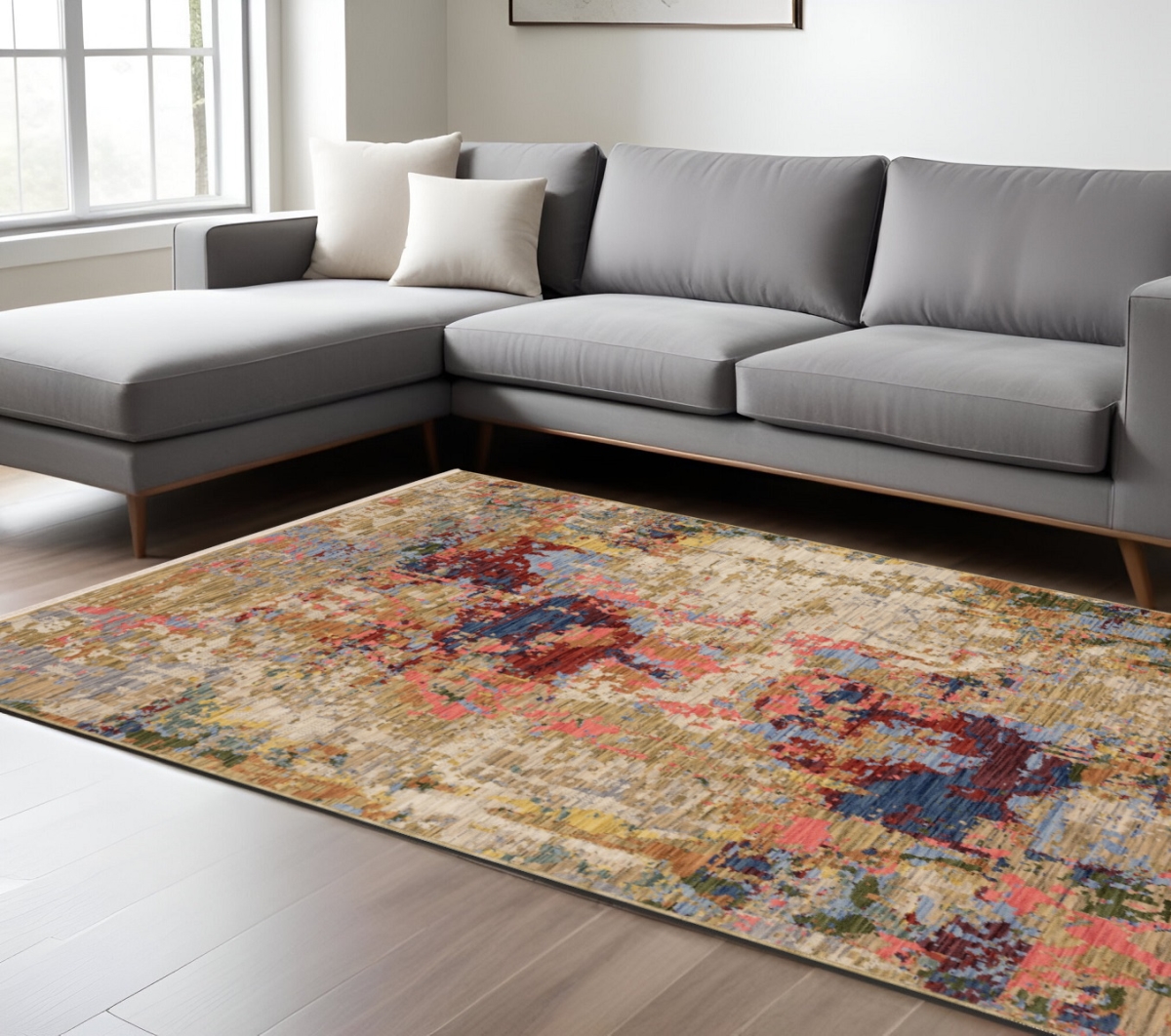 576476 8 x 11 ft. Abstract Rectangle Area Rug with Fringe, Beige, Salmon & Tan