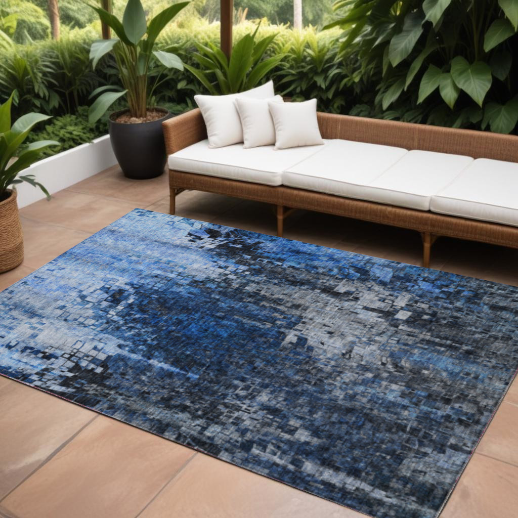 577234 10 x 14 ft. Abstract Washable Indoor & Outdoor Rectangle Area Rug, Navy Blue & Denim Blue