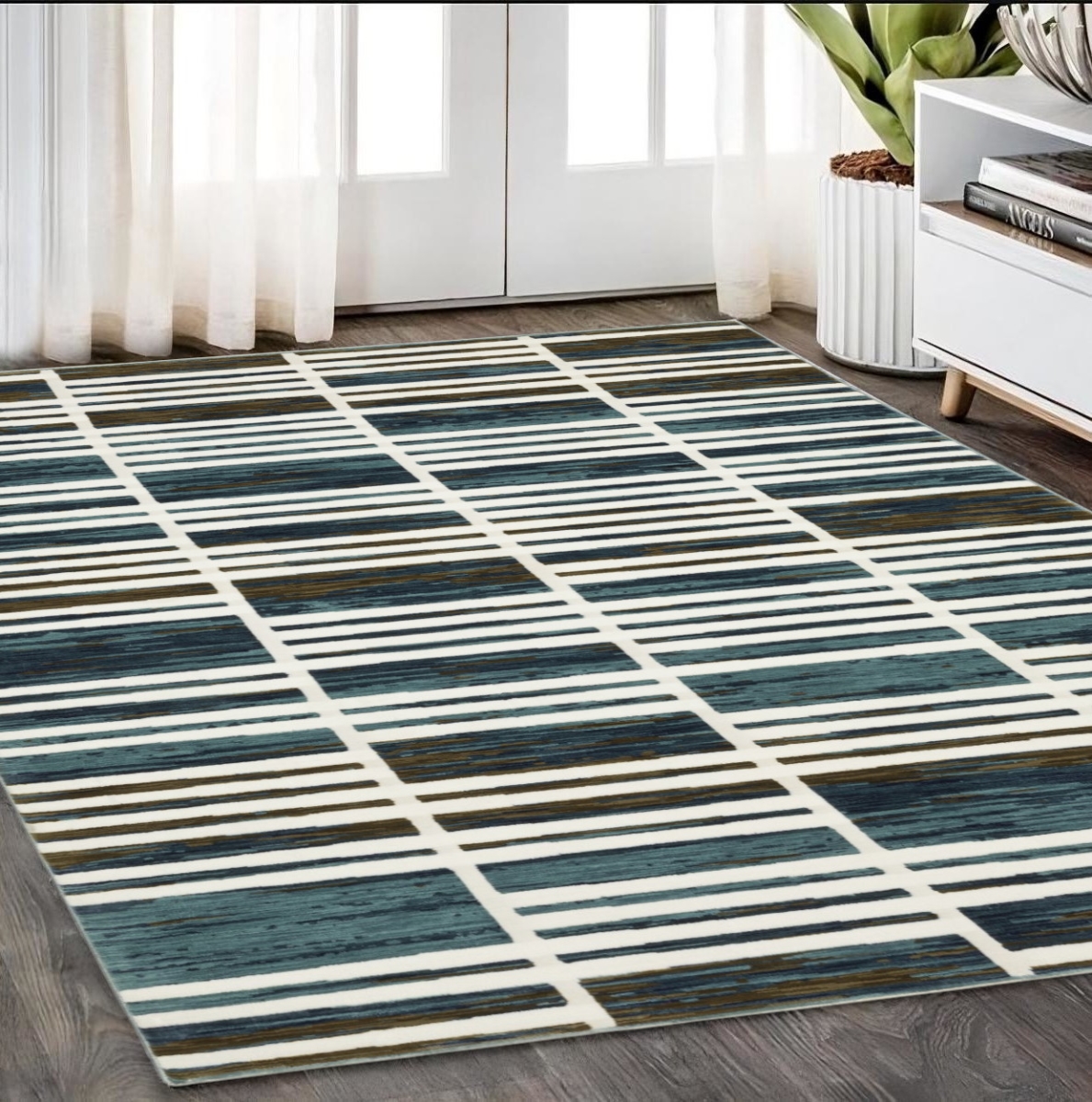 575576 5 x 8 ft. Geometric Rectangle Area Rug, Ivory & Blue