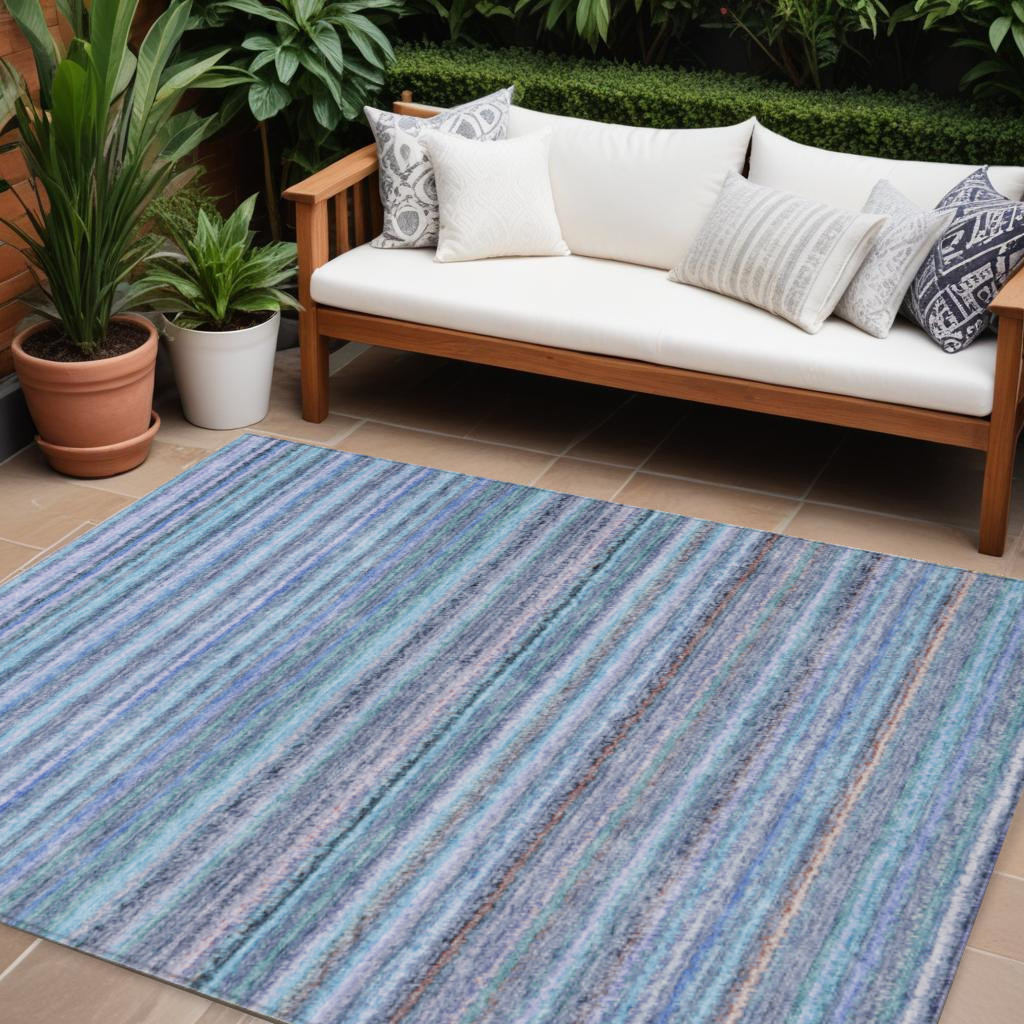 577810 10 x 14 ft. Striped Washable Indoor & Outdoor Rectangle Area Rug, Sky Blue & Navy Blue