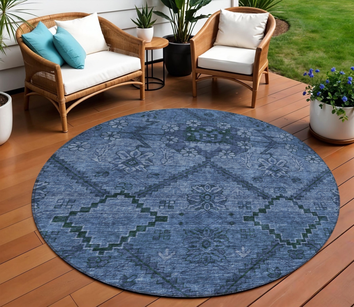 588896 8 ft. Round Floral Washable Indoor & Outdoor Area Rug, Navy Blue & Denim Blue