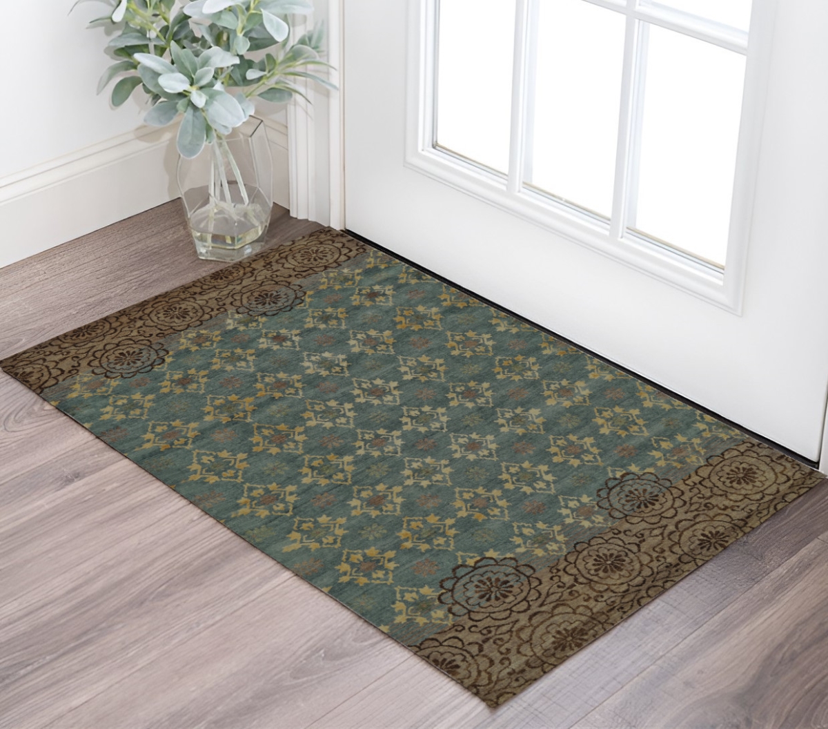 567910 2 x 3 ft. Floral Hand Knotted Rectangle Area Rug, Blue, Green & Brown