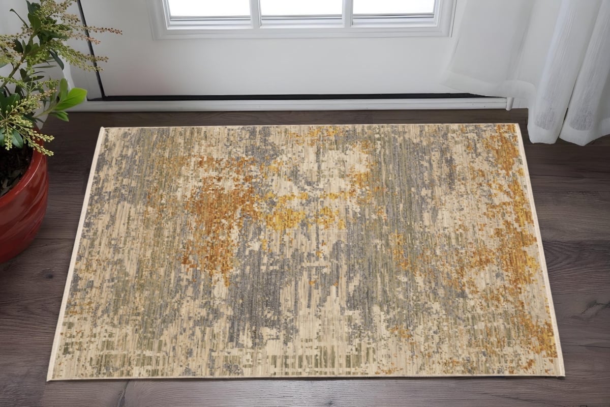 575469 3 x 5 ft. Abstract Rectangle Area Rug with Fringe, Beige & Gold