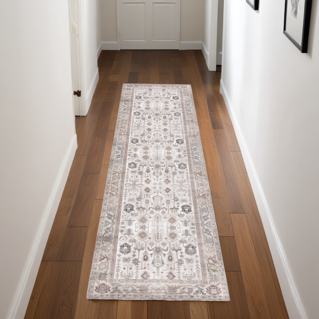 546485 8 ft. Tribal Distressed Non Skid Runner Rug, Ivory & Gray