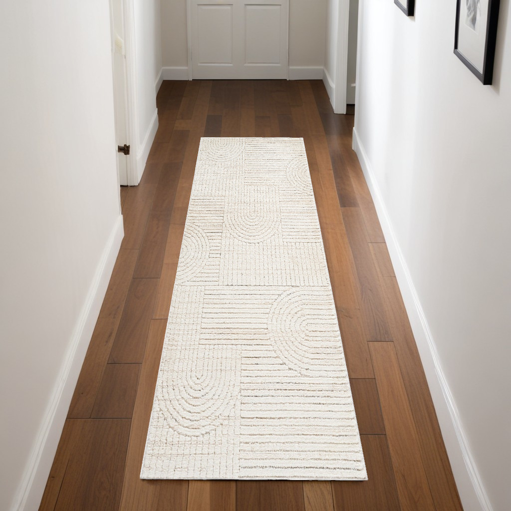 558428 8 ft. Abstract Distressed Runner Rug, Cream & Beige