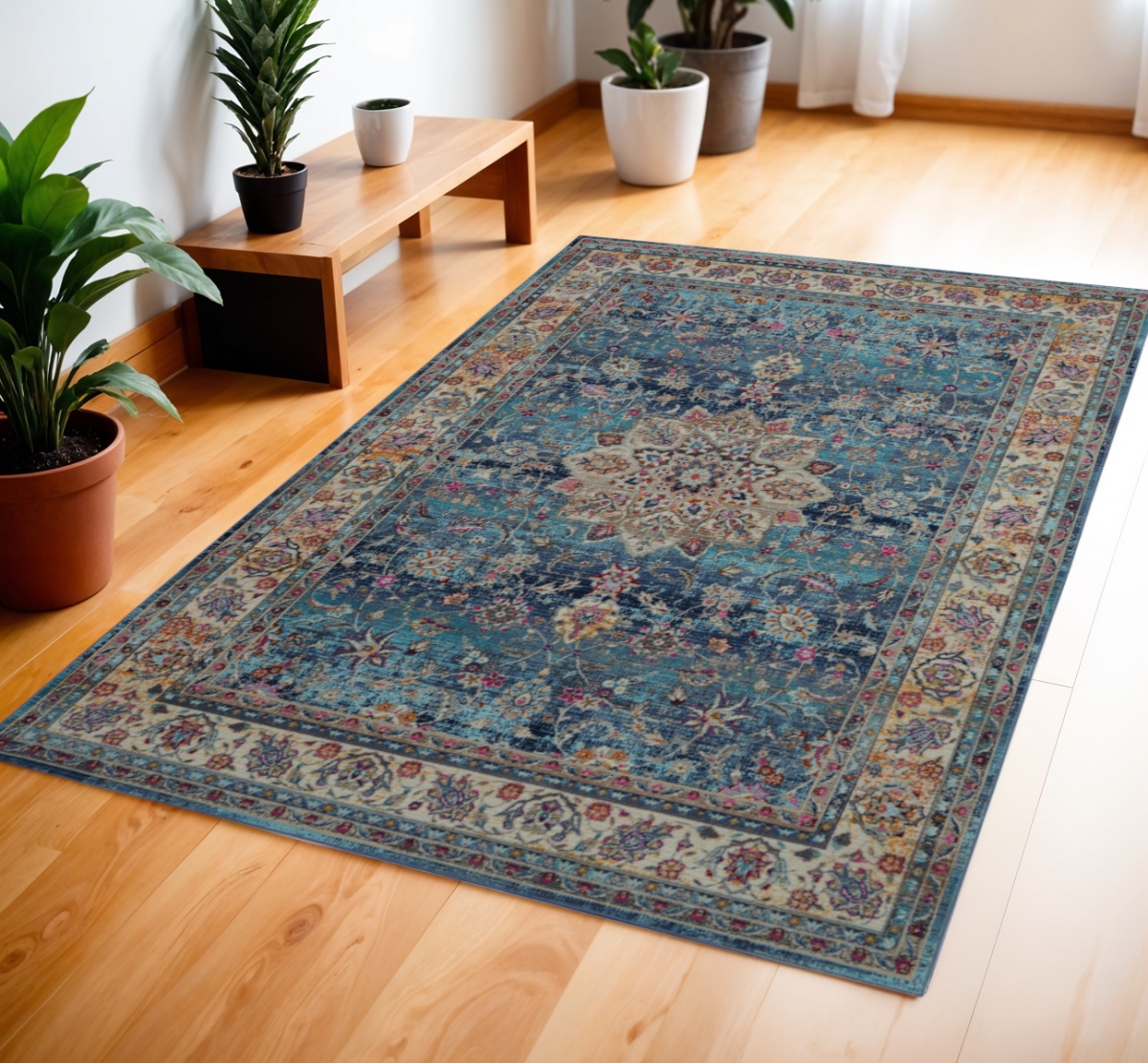 553360 4 x 6 ft. Floral Distressed Rectangle Area Rug, Blue & Beige