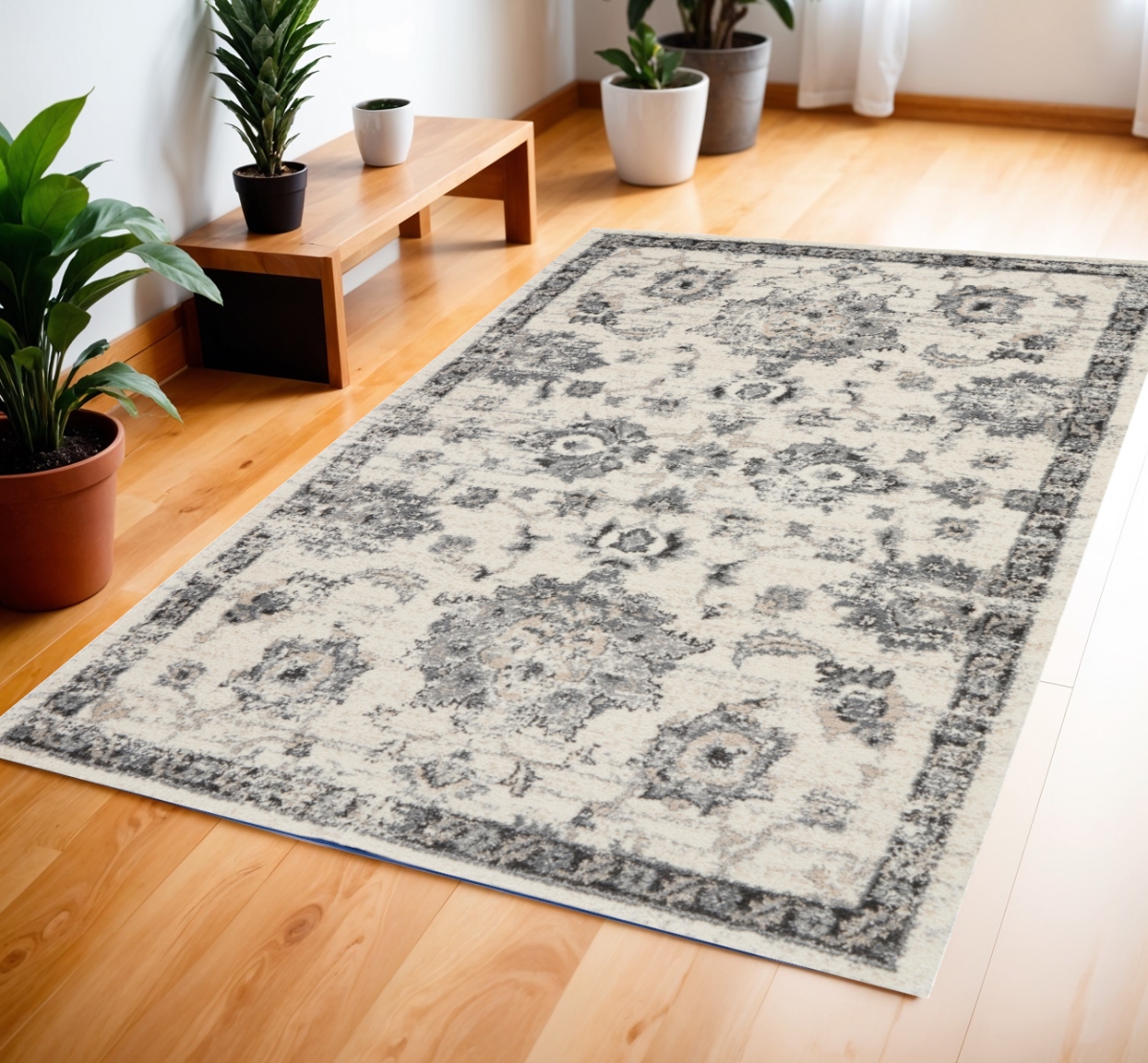 550966 4 x 6 ft. Floral Medallion Distressed Rectangle Area Rug, Cream & Gray