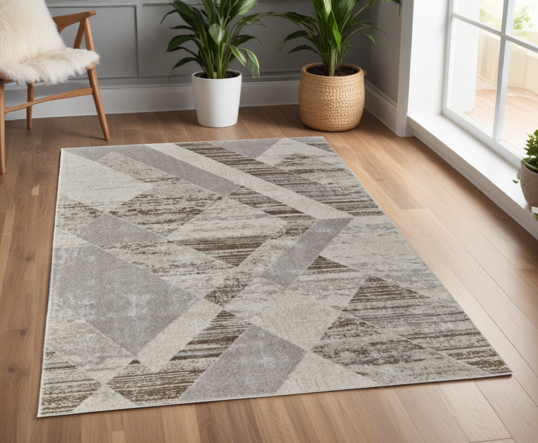 567811 4 x 6 ft. Geometric Power Loom Rectangle Area Rug, Ivory, Gray & Brown