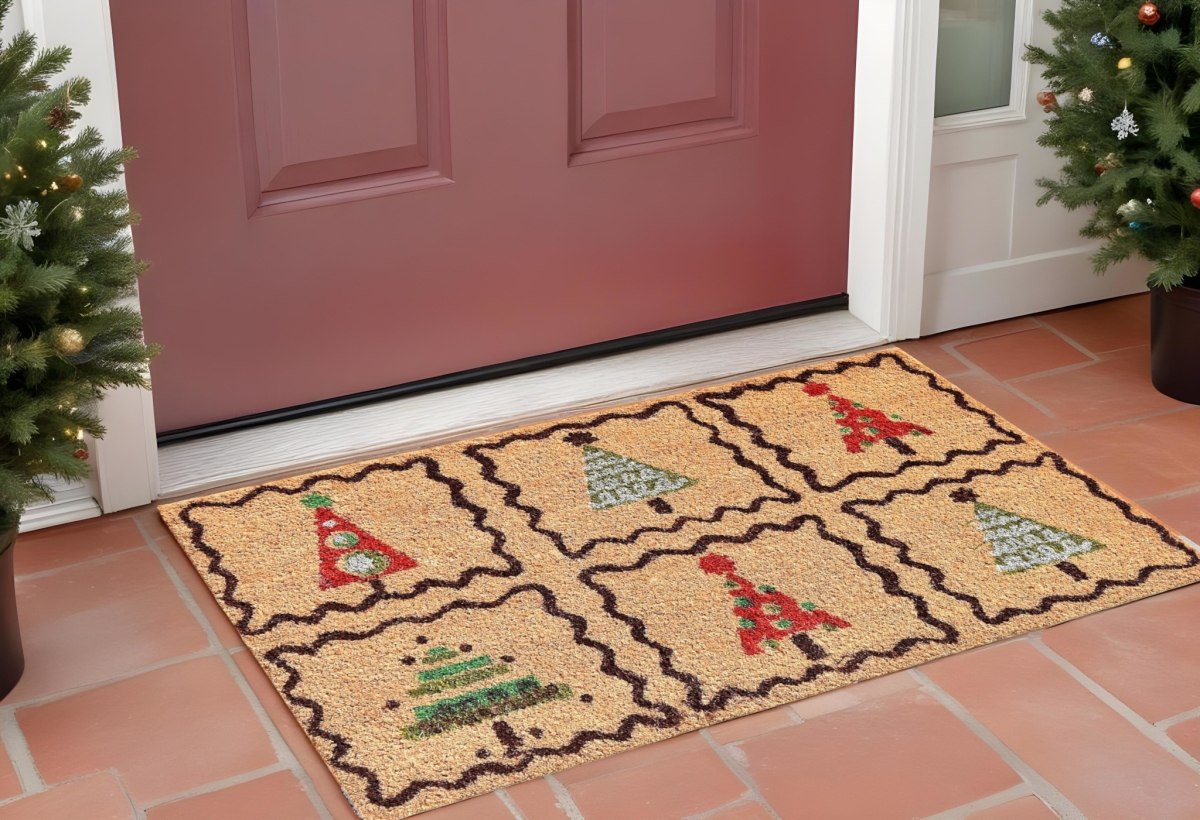 555257 17 x 29 in. Natural Red & Black Coir Christmas Trees Outdoor Door Mat
