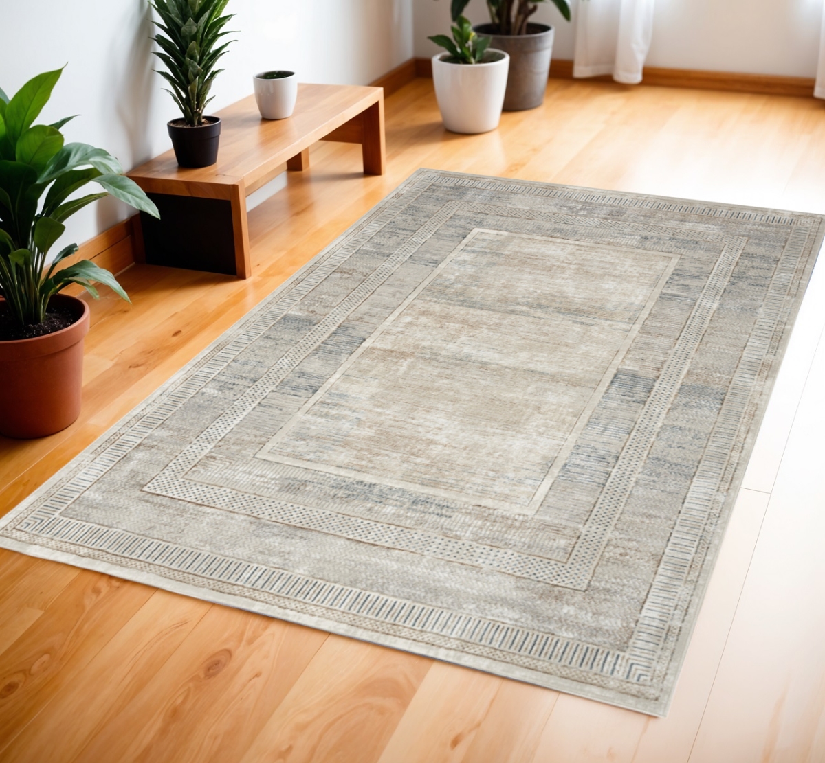 553428 4 x 6 ft. Geometric Non Skid Rectangle Area Rug, Ivory, Blue & Gray