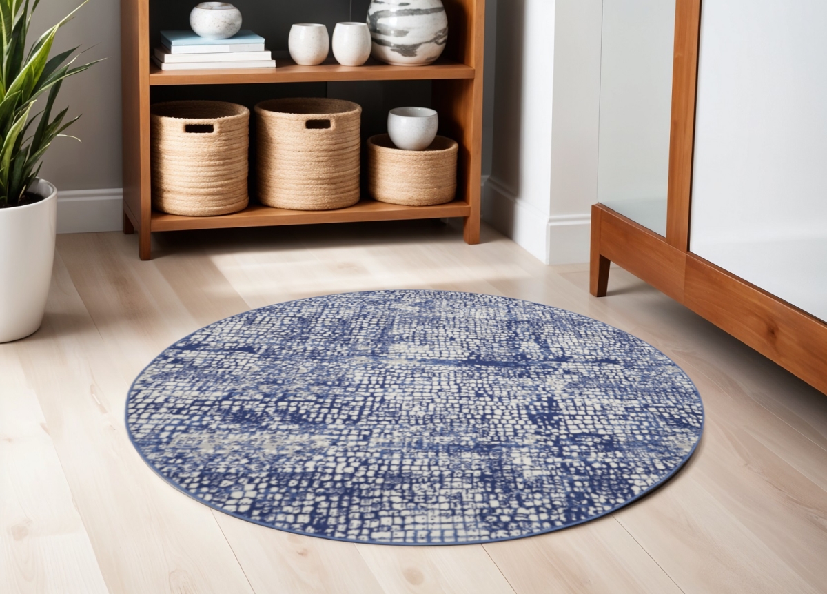 552410 5 ft. Abstract Round Rug, Ivory & Navy Blue