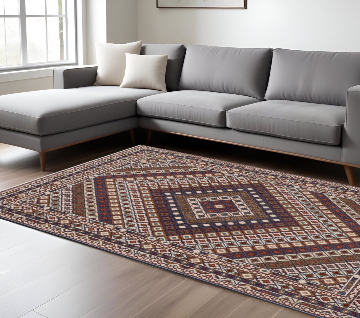 574946 10 x 13 ft. Diamond Rectangle Area Rug with Fringe, Ivory, Red & Tan