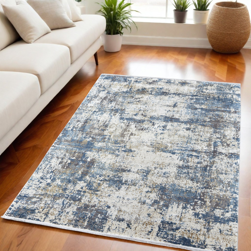 566033 5 x 8 ft. Abstract Power Loom Rectangle Area Rug with Fringe, Ivory, Tan & Blue