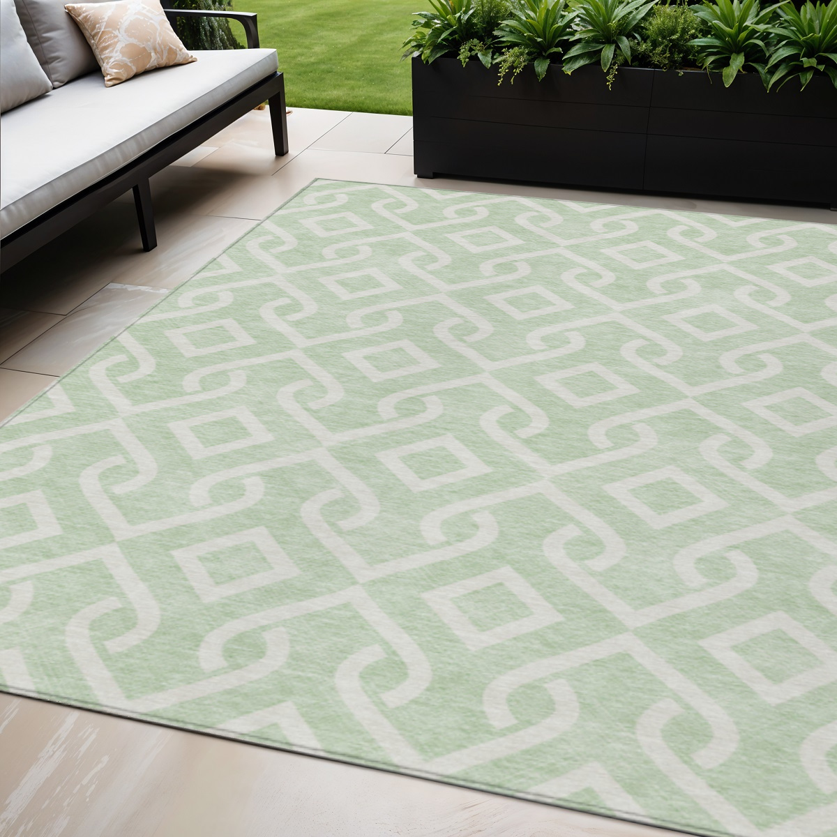 578917 5 x 8 ft. Geometric Washable Indoor & Outdoor Rectangle Area Rug, Mint Green & Ivory