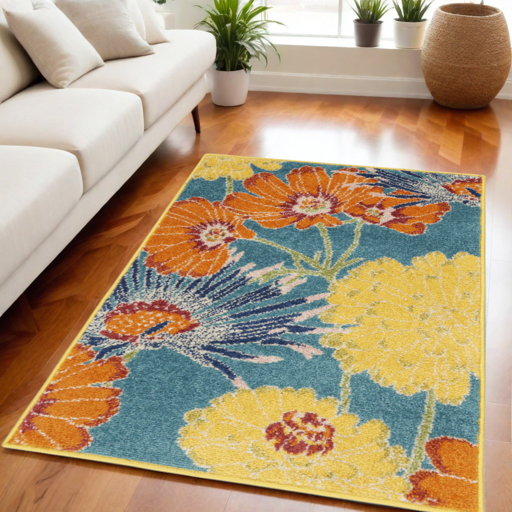 556199 5 x 7 ft. Floral Power Loom Rectangle Area Rug, Blue