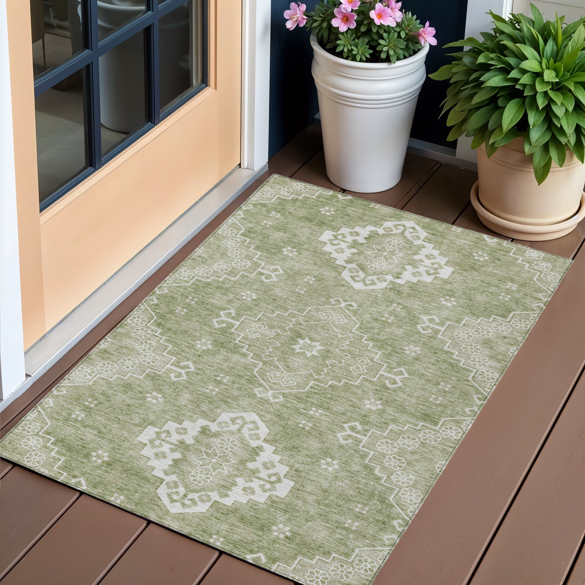 Picture of HomeRoots 589020 3 x 5 ft. Medallion Washable Indoor & Outdoor Traditional Rectangle Area Rug&#44; Artichoke Green&#44; Beige & Ivory