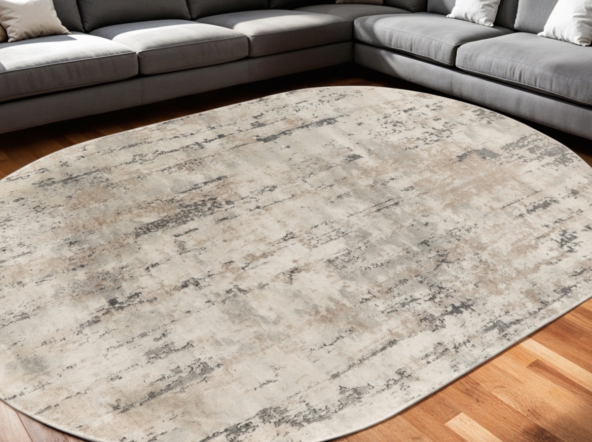 545129 6 x 9 ft. Abstract Power Loom Oval Area Rug, Beige & Gray