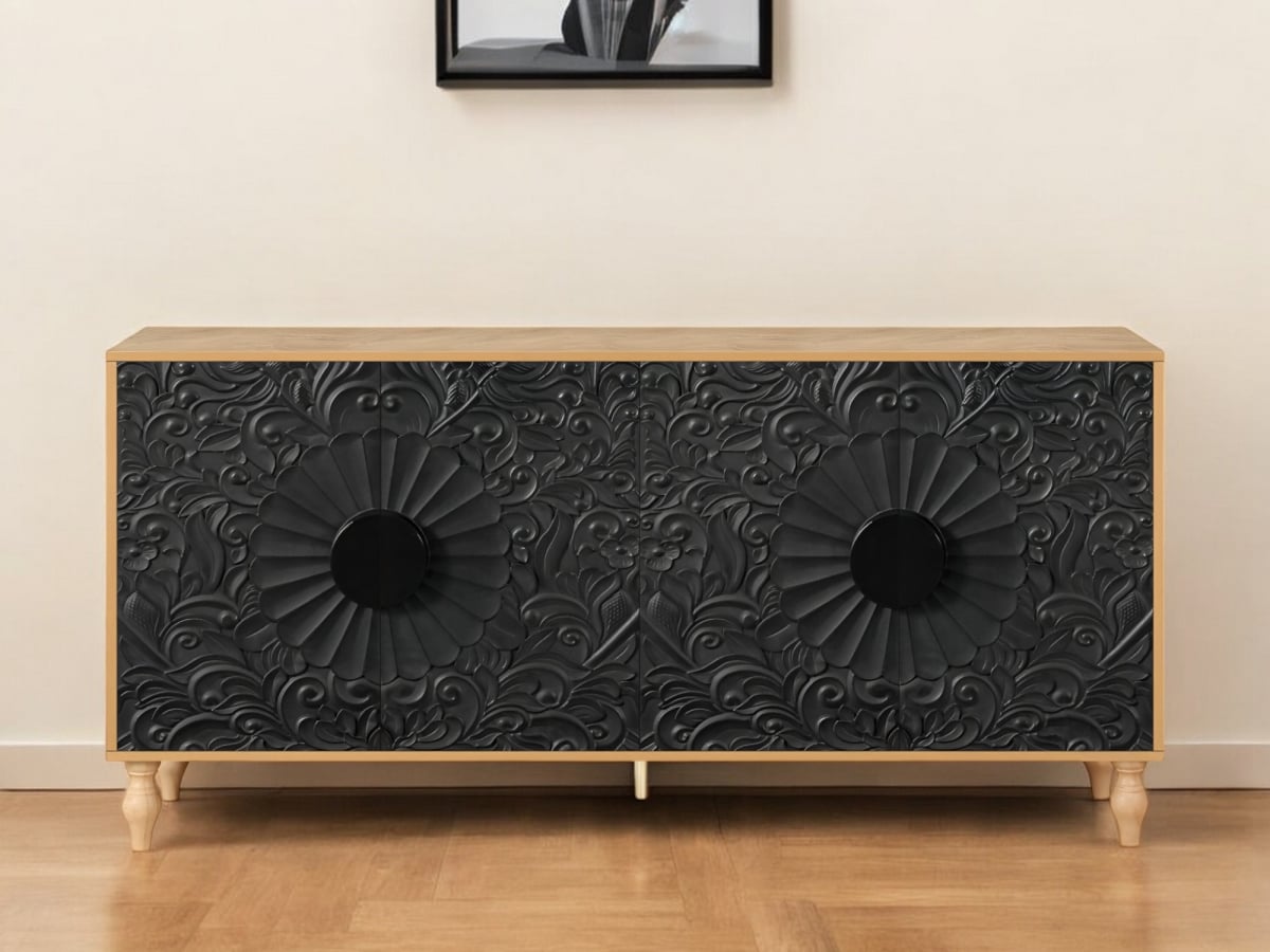 568414 68 in. Natural & Black Distressed Carved Floral Sideboard with Four Doors