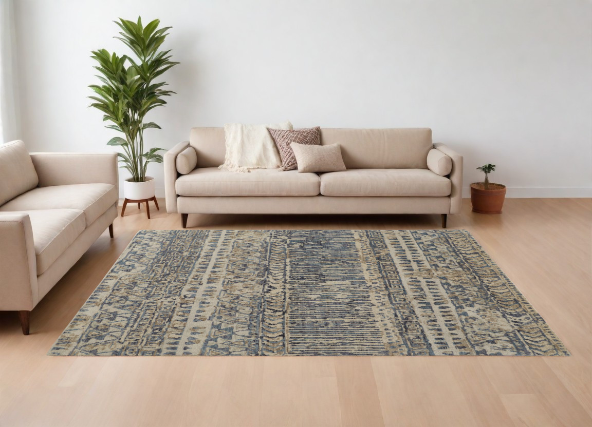 567524 8 x 10 ft. Wool Geometric Hand Knotted Rectangle Area Rug, Gray & Blue