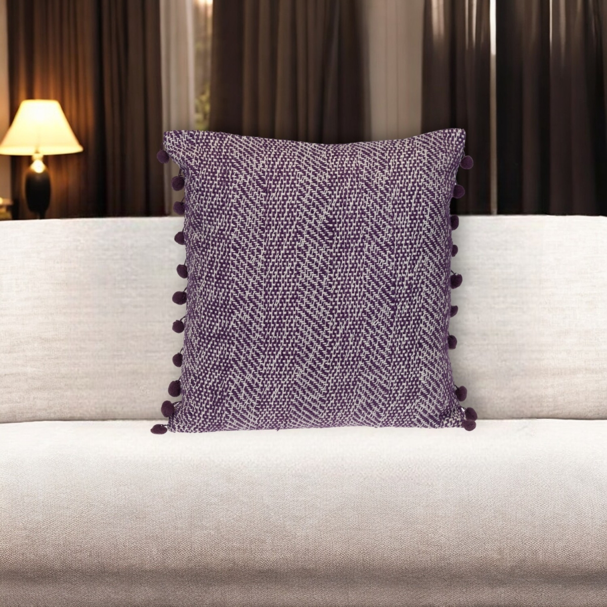 Purple & White Weave Cotton Throw Pillow - 18 in. - Decorative with Pom Poms