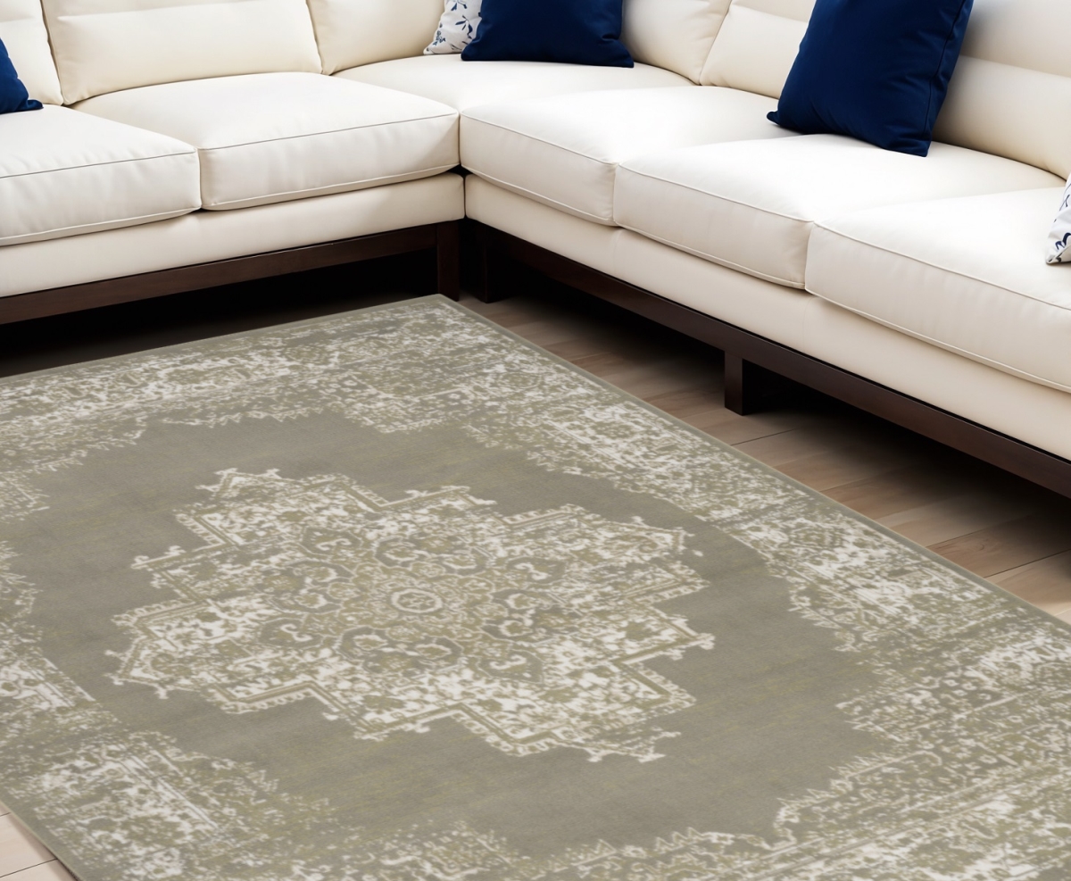 545395 8 x 10 ft. Medallion Power Loom Distressed Rectangle Area Rug, Green & Ivory