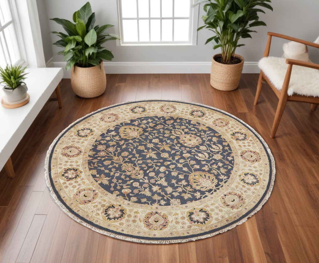 567889 8 ft. Wool Oriental Hand Knotted Round Rug, Black, Brown & Gold