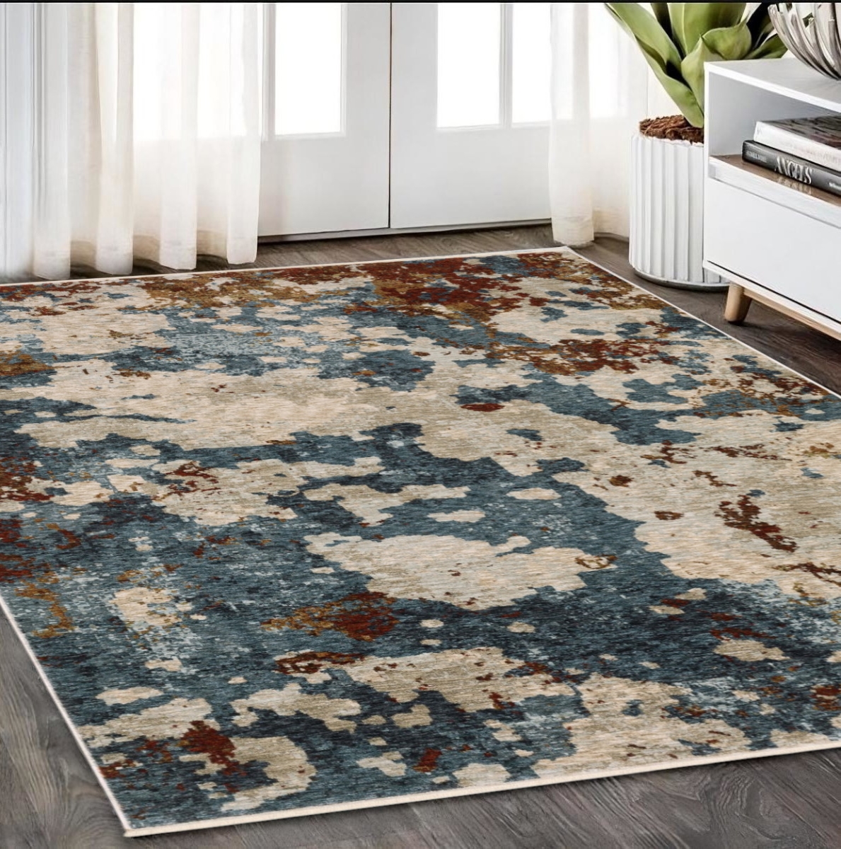 574749 5 x 8 ft. Abstract Distressed Rectangle Area Rug with Fringe, Beige, Rust & Teal
