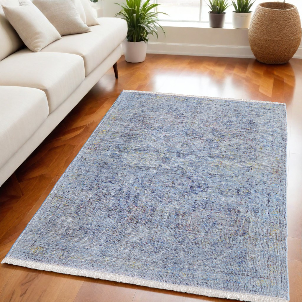566199 5 x 8 ft. Abstract Hand Woven Distressed Rectangle Area Rug with Fringe, Blue & Ivory