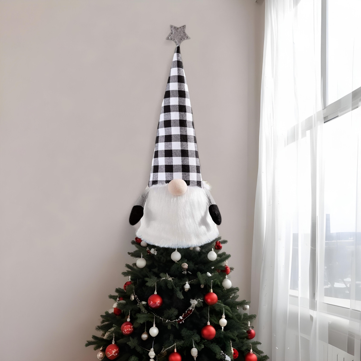 Picture of HomeRoots 480629 27 in. Black & White Felt & Faux Fur Gnome Adjustable Height Tree Topper