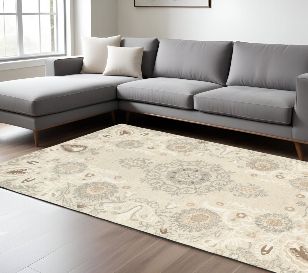 576297 10 x 13 ft. Wool Floral Hand Tufted Rectangle Area Rug, Sand