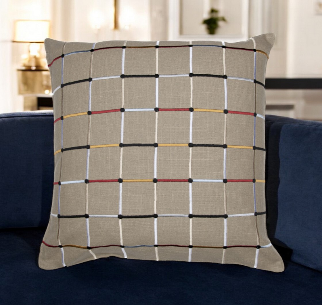 Beige Check Cotton Blend Throw Pillow - 24 in. - Modern Embroidery Design