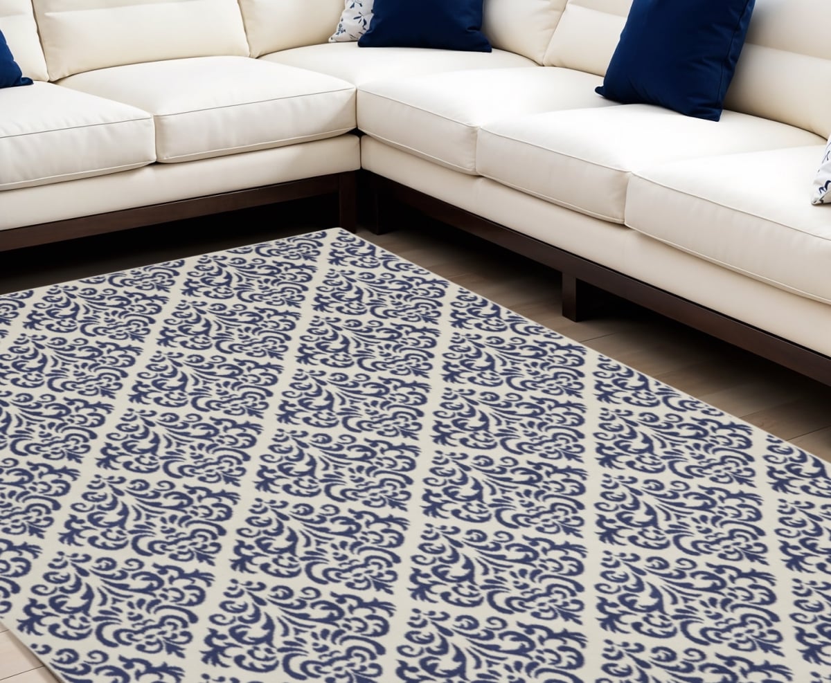 545356 8 x 10 ft. Damask Power Loom Rectangle Area Rug, Blue & White