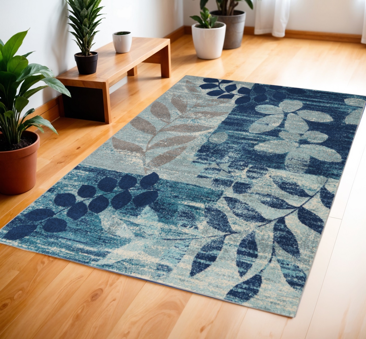 553256 4 x 6 ft. Botanical Leaves Rectangle Area Rug, Navy Blue, Light Blue & Gray