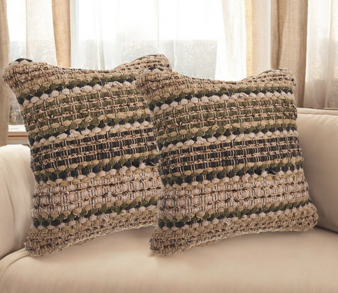 554585 18 in. Brown & Dark Green Striped Cotton Blend Throw Pillows with Texture - Set of 2