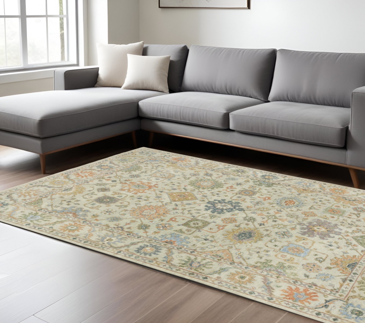 576159 8 x 10 ft. Wool Oriental Hand Knotted Rectangle Area Rug with Fringe, Beige & Green