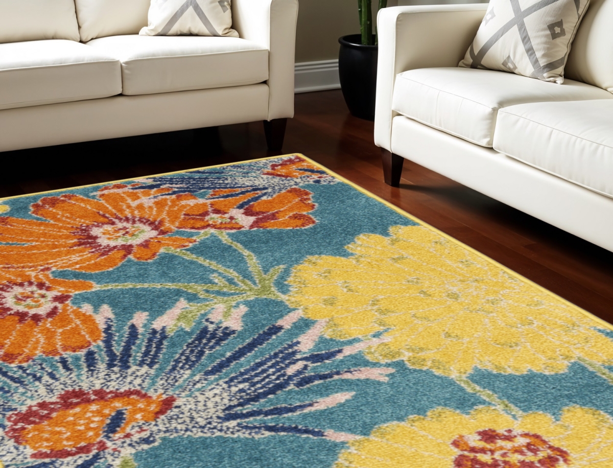 556200 8 x 10 ft. Floral Power Loom Rectangle Area Rug, Blue