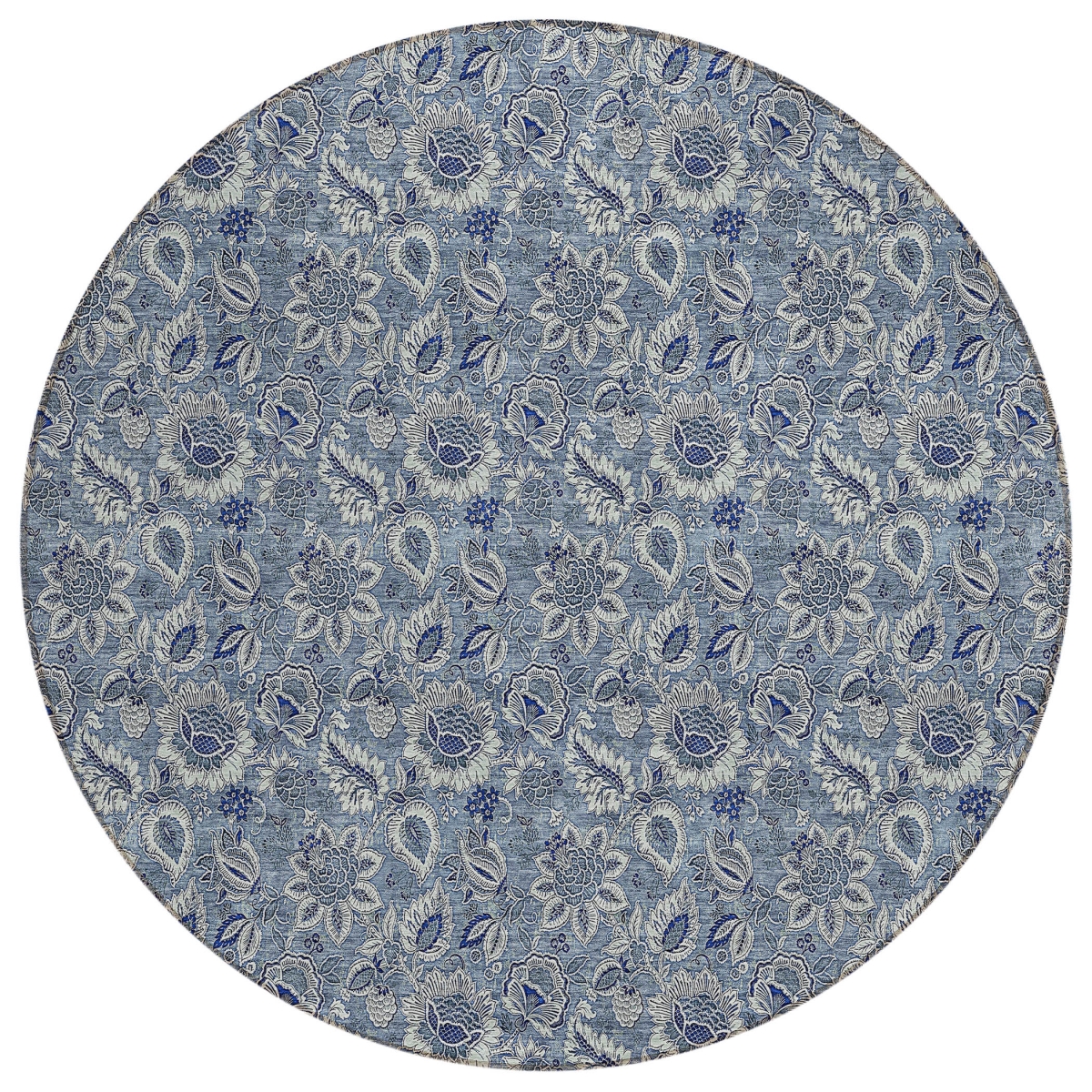 580492 8 ft. Round Floral Washable Indoor & Outdoor Area Rug, Denim Blue & Navy Blue