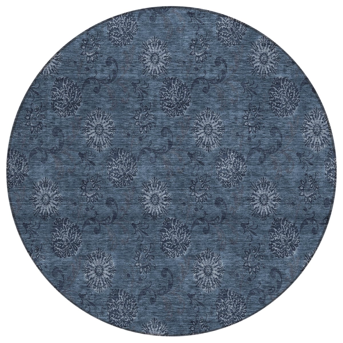 586968 8 ft. Round Floral Washable Indoor & Outdoor Area Rug, Blue & Navy Blue
