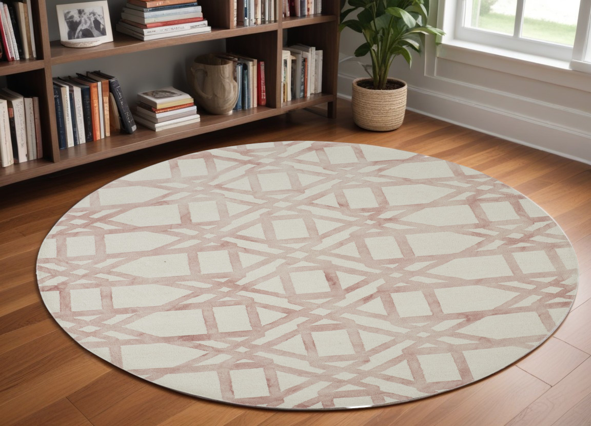 567897 10 ft. Wool Geometric Hand Tufted Round Rug, Pink & Ivory