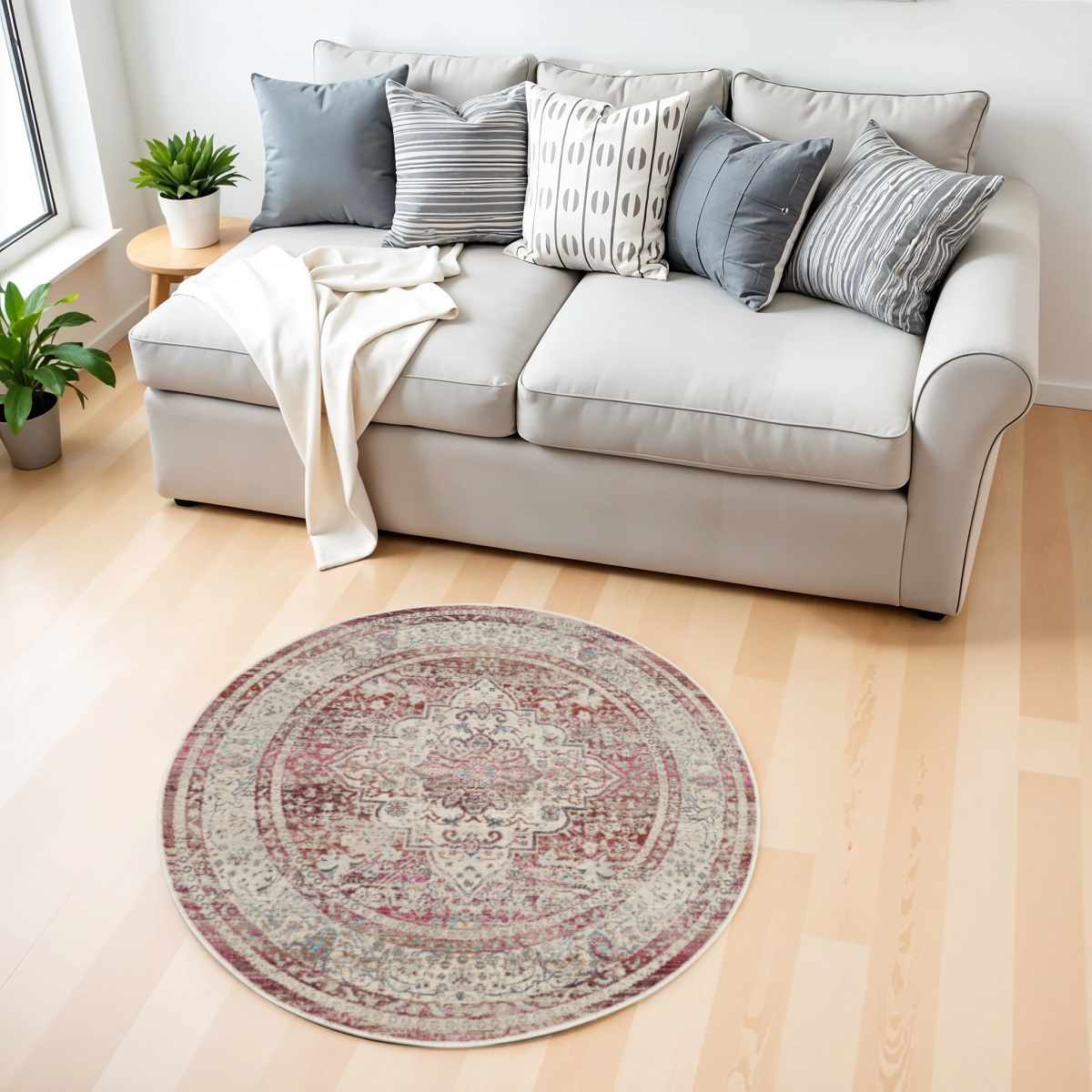 552459 4 ft. Floral Distressed Round Rug, Ivory, Red & Brown
