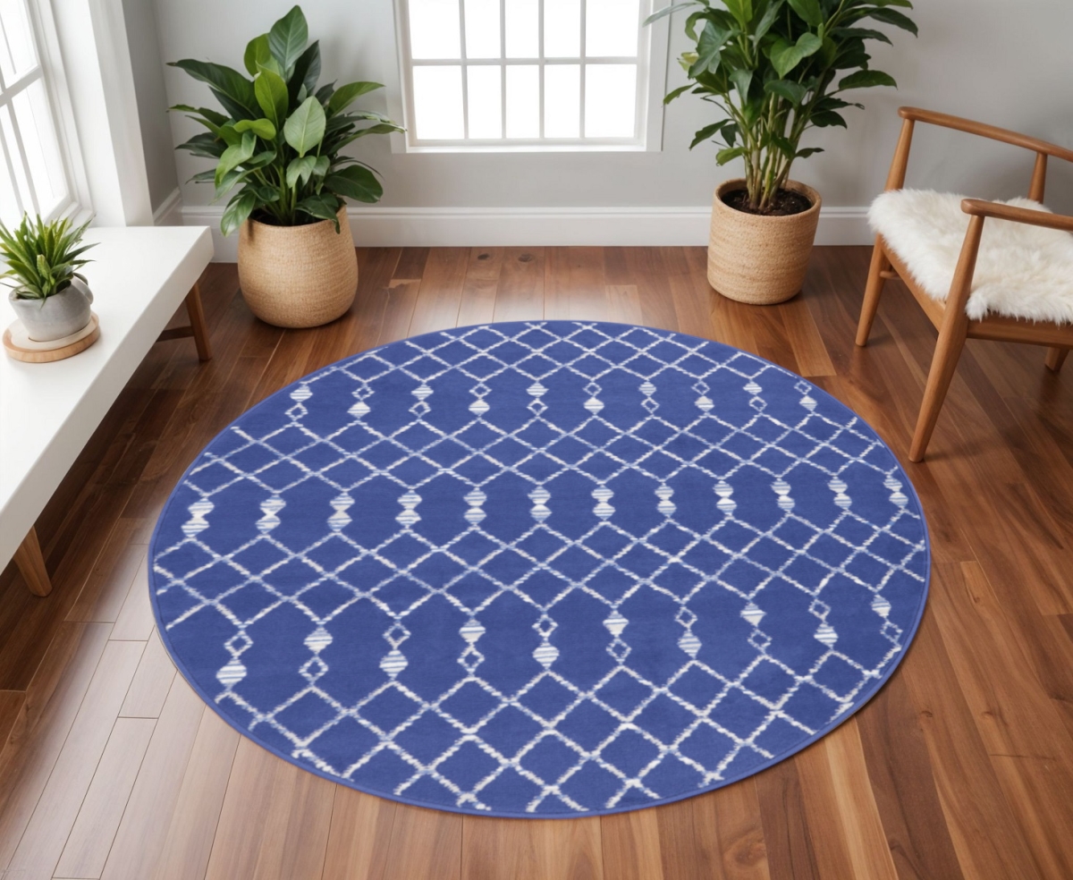 552324 8 ft. Geometric Round Rug, Navy Blue & Ivory