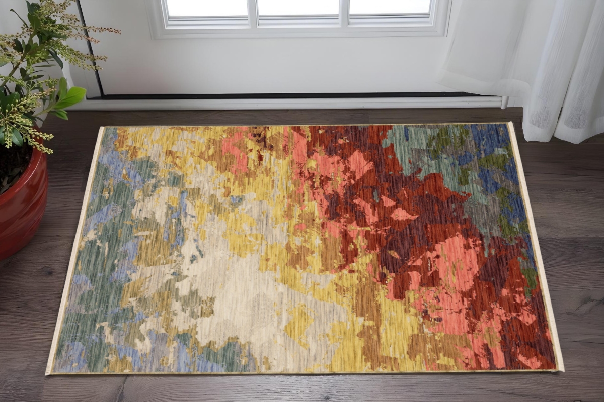 575194 2 x 3 ft. Abstract Rectangle Area Rug with Fringe, Beige, Red & Yellow