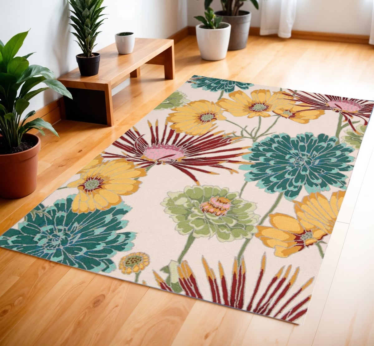 552637 4 x 6 ft. Floral Hand Carved Handmade Rectangle Area Rug, Ivory, Red & Orange