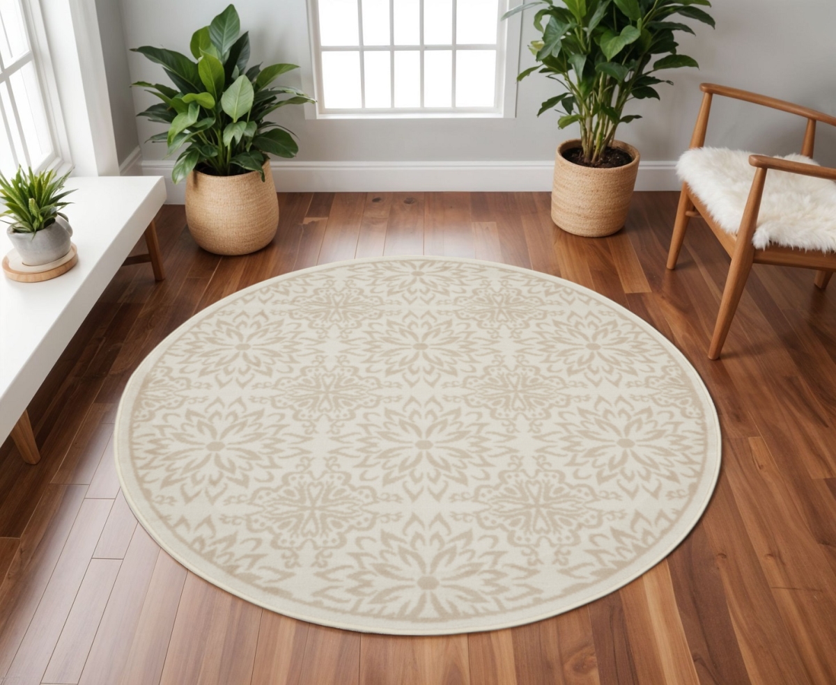 564129 8 ft. Floral Non Skid Round Rug, Beige & Ivory