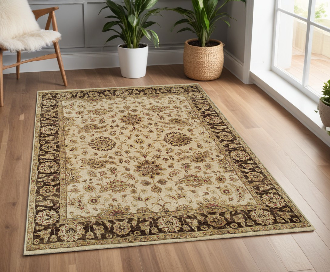 565513 4 x 6 ft. Wool Oriental Hand Knotted Rectangle Area Rug, Ivory, Brown & Gold