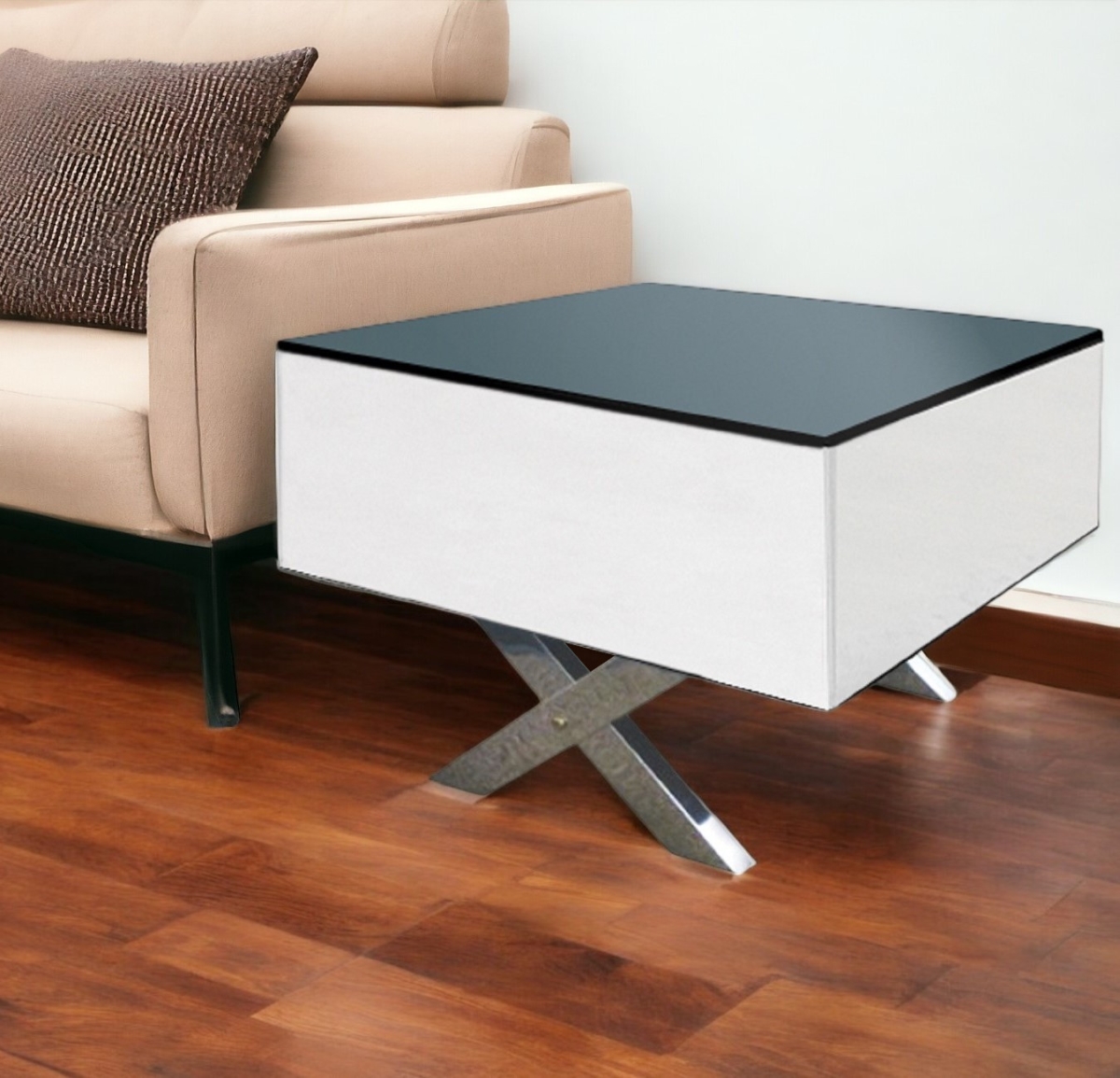 554653 20 in. Black & White Mirrored Glass Square Cross Legs End Table