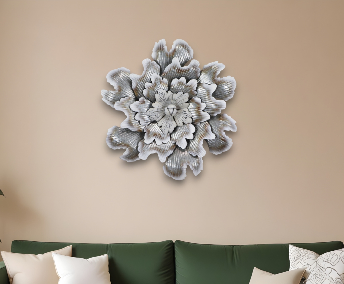 Picture of HomeRoots 483329 Bohemian 27 x 27 in. Gray & Off White Galvanized Metal Flower Hanging Dimensional Sculpture