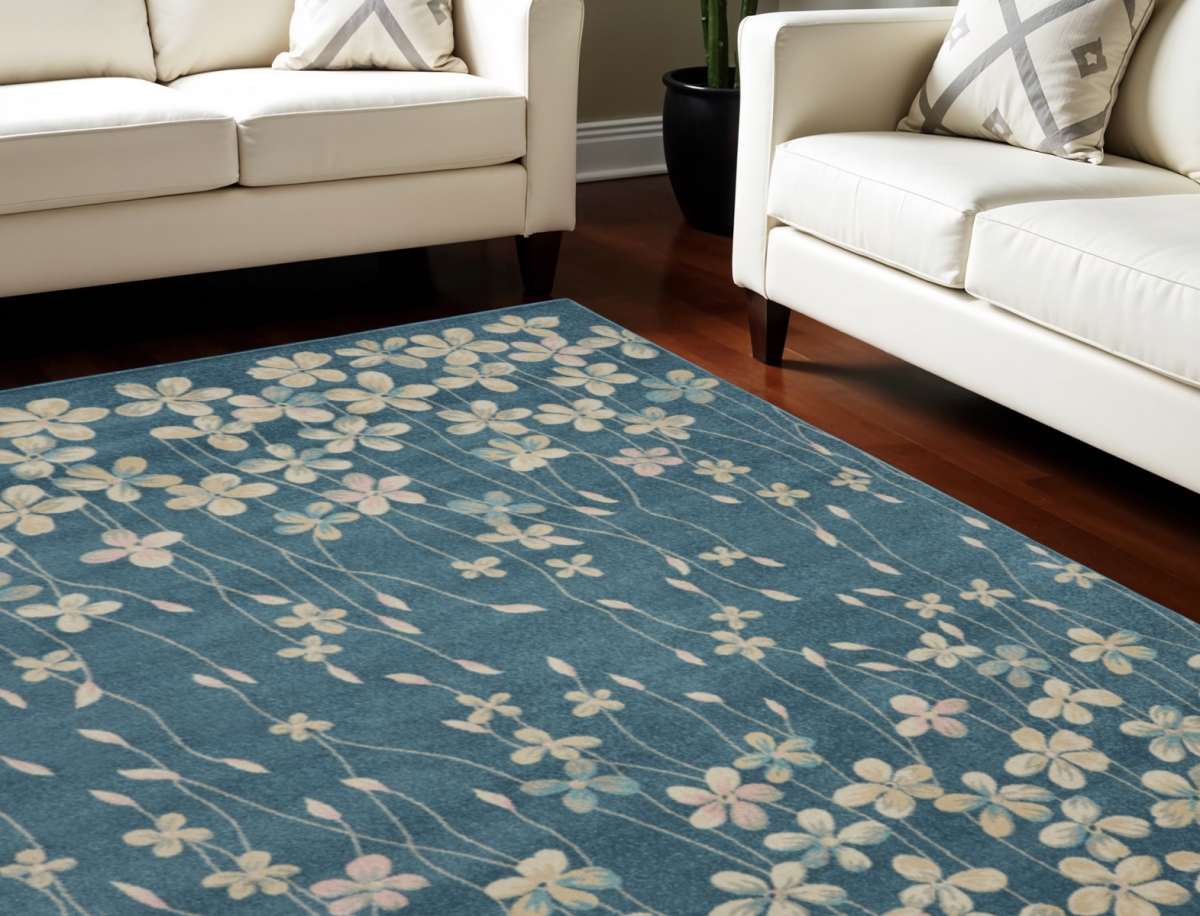 551342 9 x 12 ft. Floral Rectangle Area Rug, Turquoise & Cream