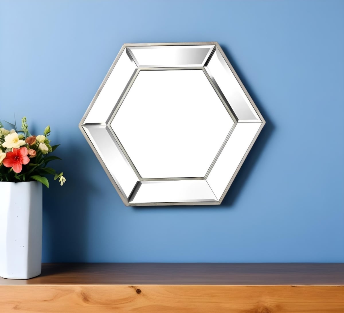 485000 18 in. Silver Hexagon Glass Framed Accent Mirror